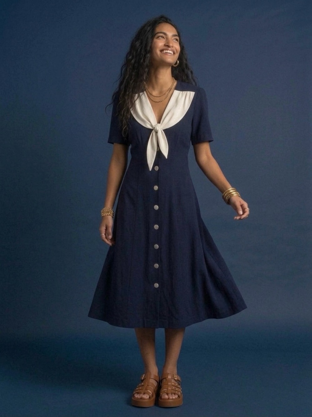 90s Leslie Fay Sailor Collar Tie Front Button Down Midi Dress Navy White 10